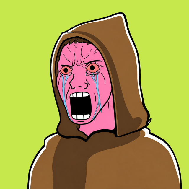 Saint Pink: pink screaming wojak in brown monk hood