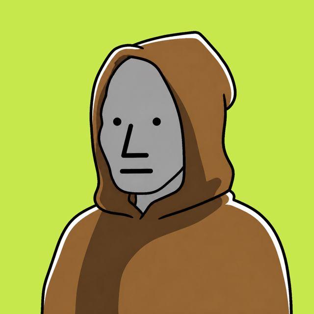 The NPC: grey blank-faced wojak in brown monk hood