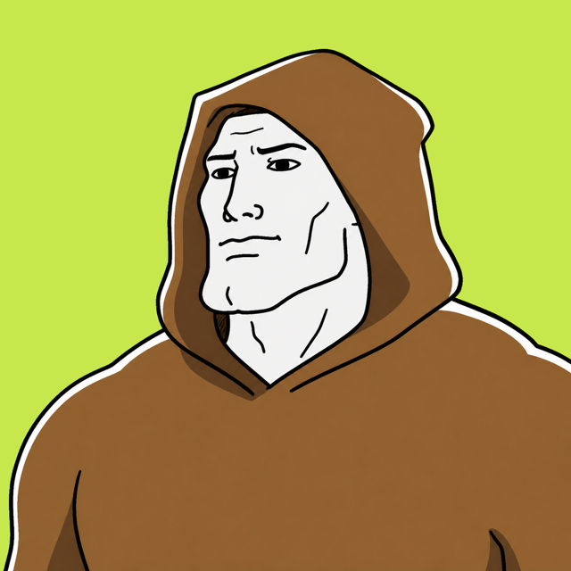 Little John: gigachad wearing a brown monk hood that barely fits