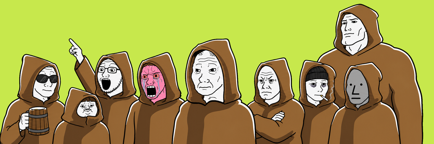 The Merry Men: nine wojak brothers in brown monk hoods, standing together on a chartreuse lime background