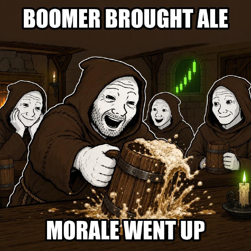 Meme: the Boomer slams a wooden tankard, ale flying, brothers cheering. Caption: boomer brought ale, morale went up