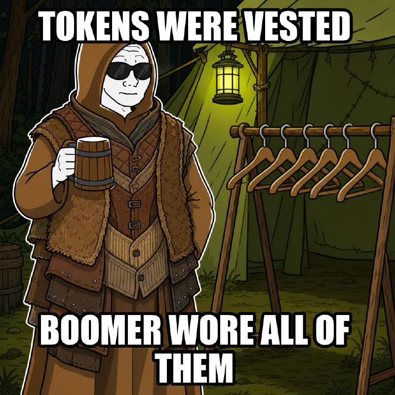 Meme: the Boomer wears layers of vests by the camp clothes rack. Caption: tokens were vested, boomer wore all of them