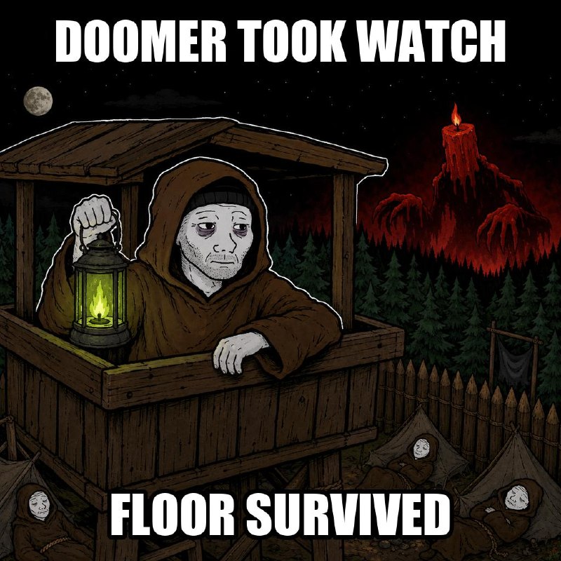 Meme: the Doomer holds a lantern on the night watchtower, red candle looming over the forest. Caption: doomer took watch, floor survived