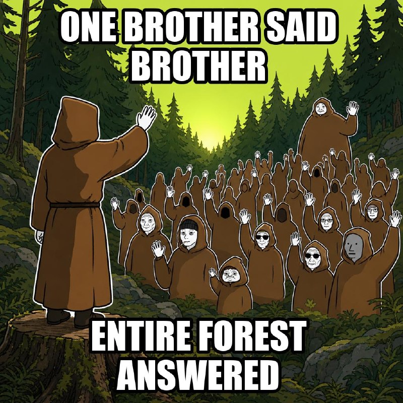Meme: one brother waves at a forest full of hooded brothers. Caption: one brother said brother, entire forest answered
