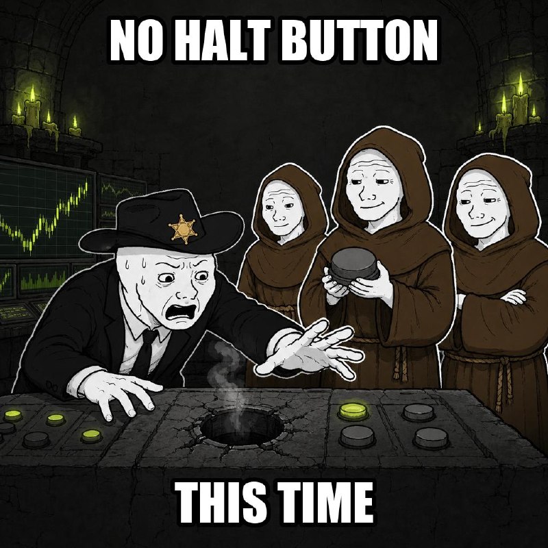 Meme: the Sheriff reaches for a halt button that is a smoking hole; brothers hold the button he wanted. Caption: no halt button this time