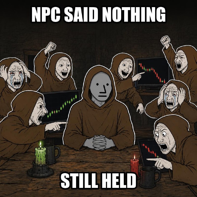 Meme: the NPC sits calm at the camp table while brothers panic at charts. Caption: npc said nothing, still held