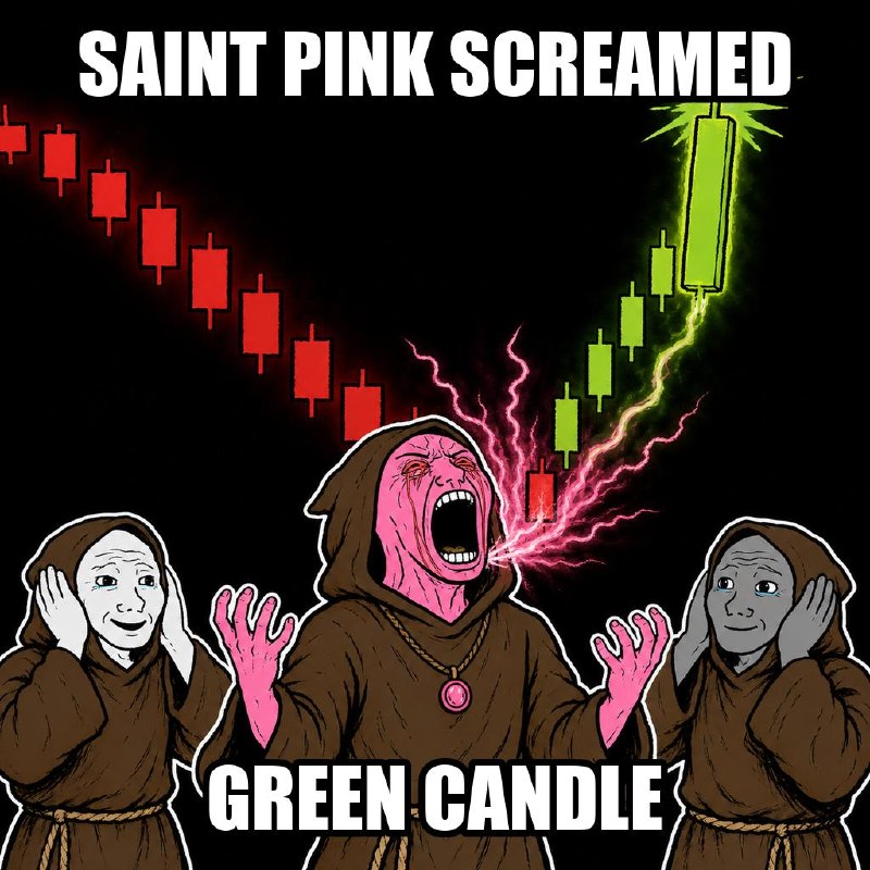 Meme: Saint Pink screams a red candle chart into a green one while brothers cover their ears. Caption: saint pink screamed, green candle