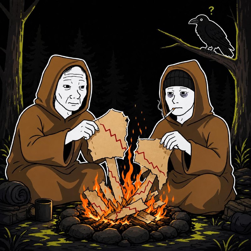 Template: two brothers feed red charts into a campfire, no caption