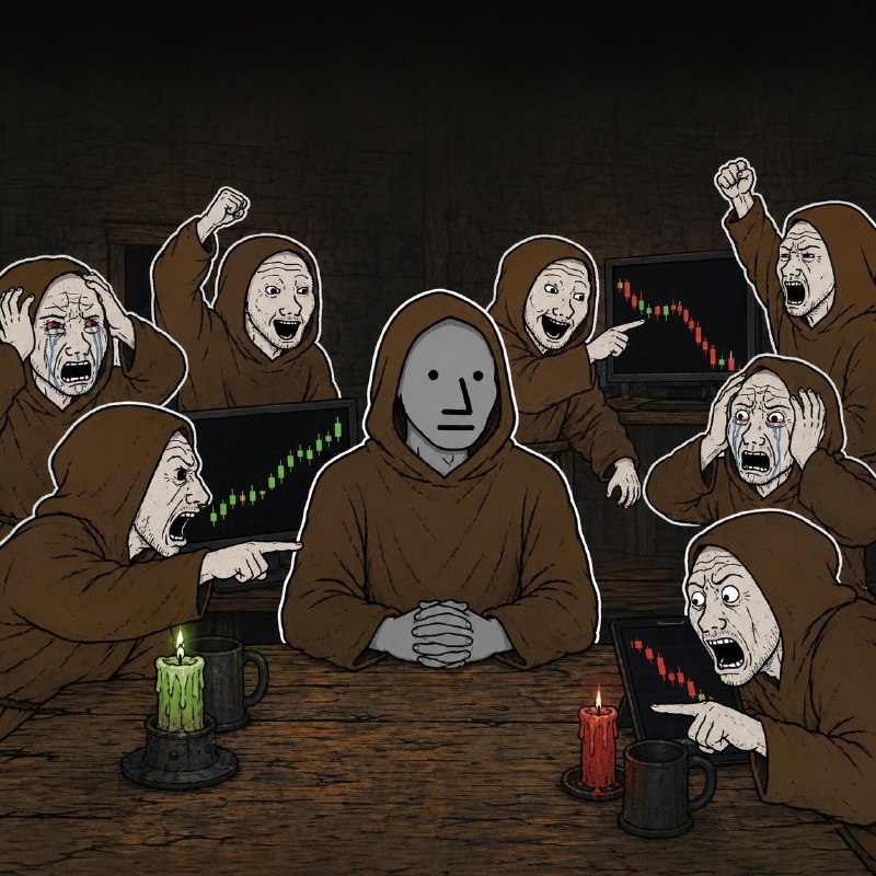 Template: the NPC calm at the camp table among panicking brothers, no caption