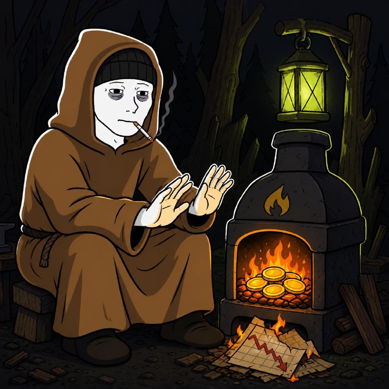 Template: a brother warms his hands at a furnace burning red charts, no caption