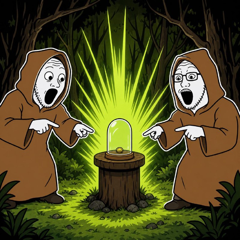 Template: two criers point at a coin glowing under a bell jar on a stump, no caption