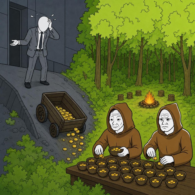 Template: brothers sort gold at a table while the Sheriff panics by an empty vault, no caption