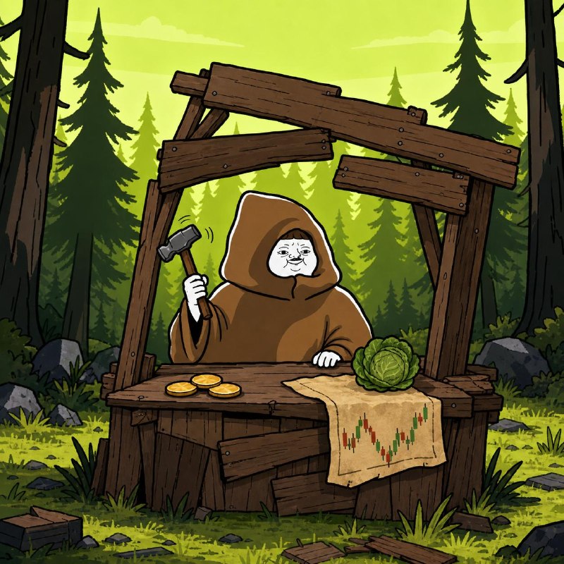 Template: a brother runs a wooden market stall with coins and a chart cloth, no caption