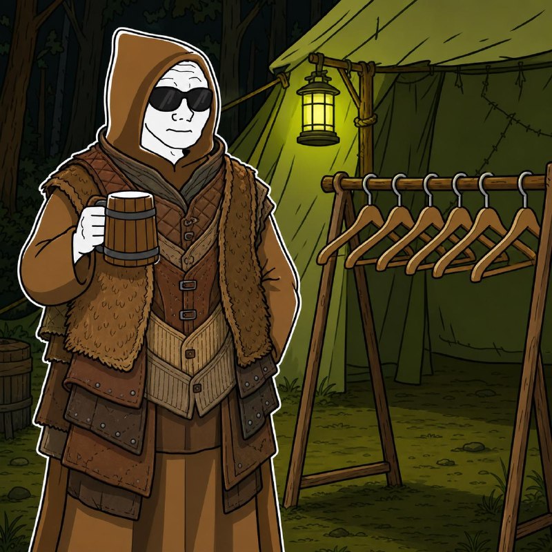 Template: a brother with tankard at the camp clothes rack, no caption