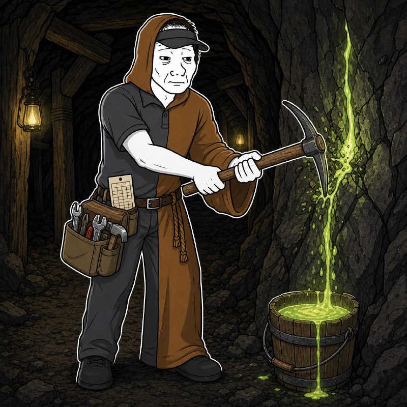 Template: the Wagie swings a pickaxe at a glowing green vein, no caption