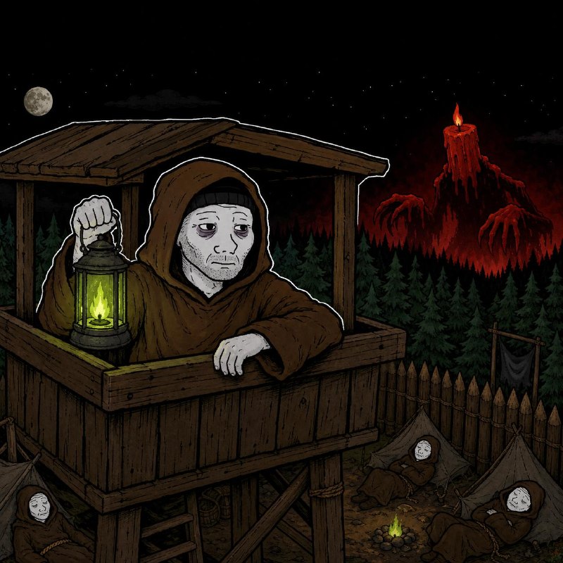 Template: the Doomer on the watchtower with lantern at night, no caption