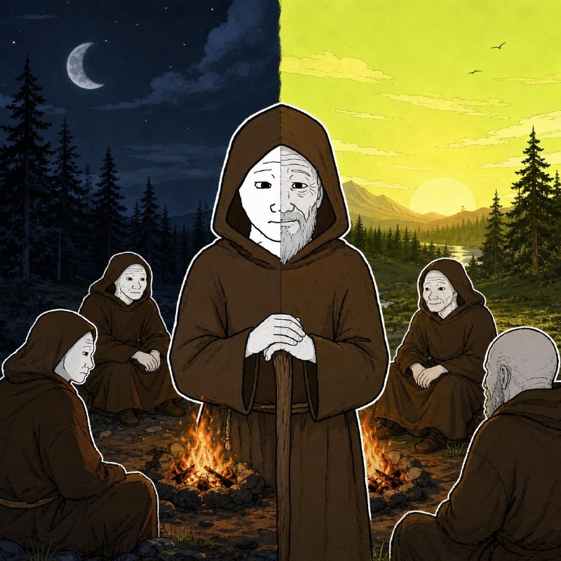 Template: a brother half in night, half in dawn at the campfire, no caption