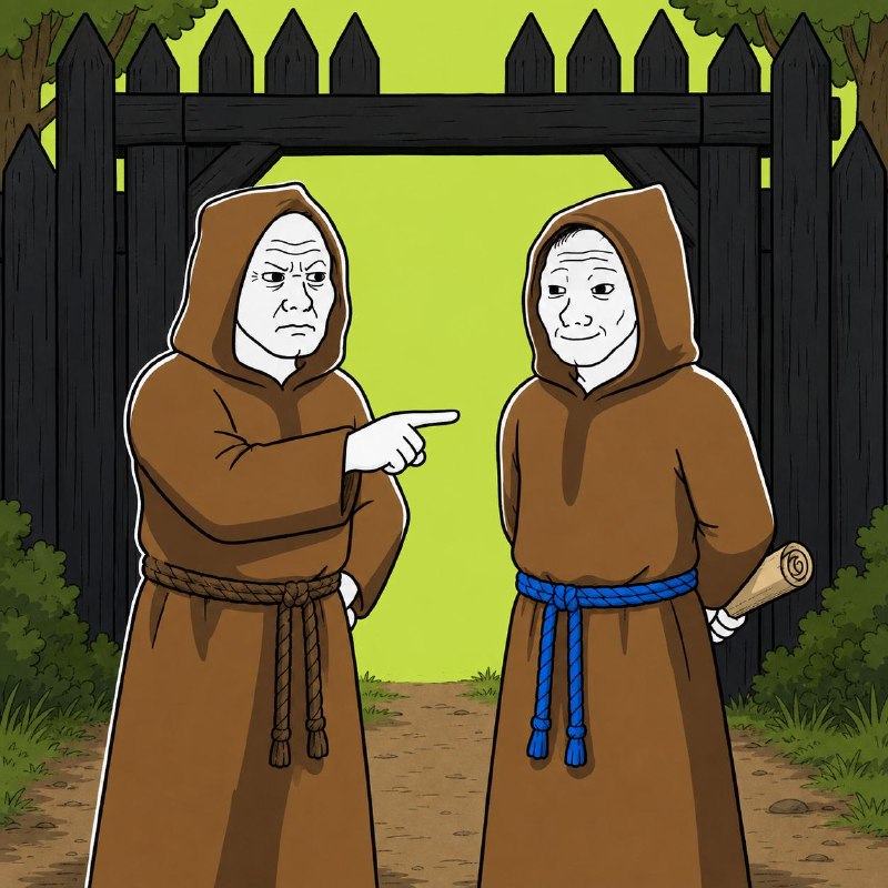 Template: a brother points at the Traitor with the blue rope belt at the camp gate, no caption