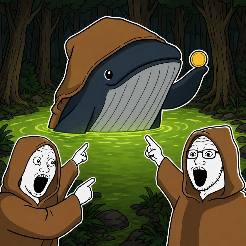 Template: the Criers point at a whale surfacing in the camp pond holding a coin, no caption
