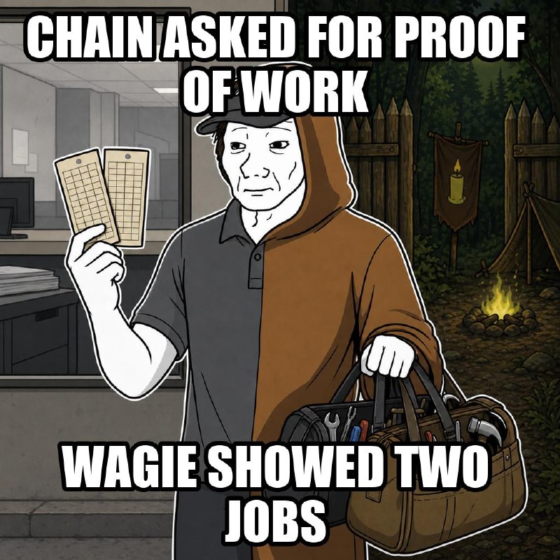 Meme: the Wagie in half uniform, half hood, holds up two timecards. Caption: chain asked for proof of work, wagie showed two jobs