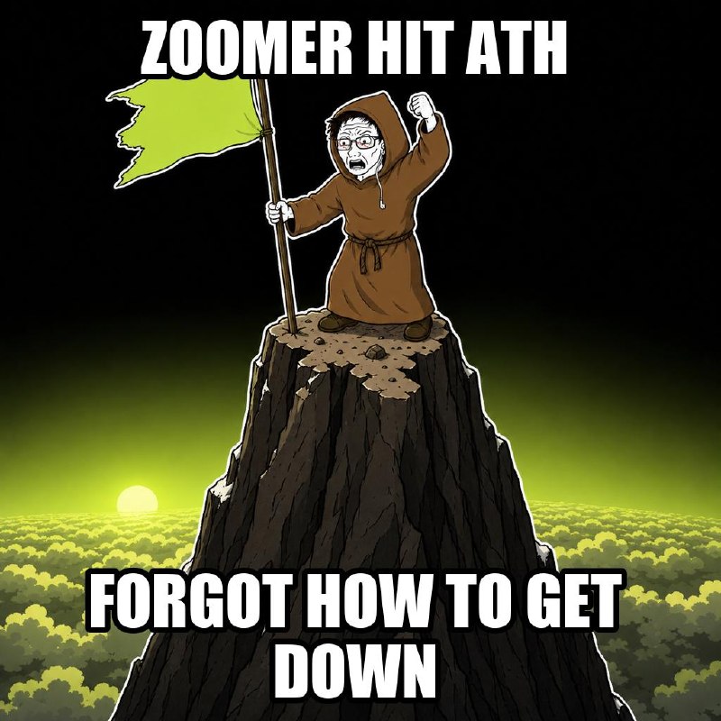 Meme: the Zoomer plants a green flag on a mountain peak above the clouds. Caption: zoomer hit ath, forgot how to get down